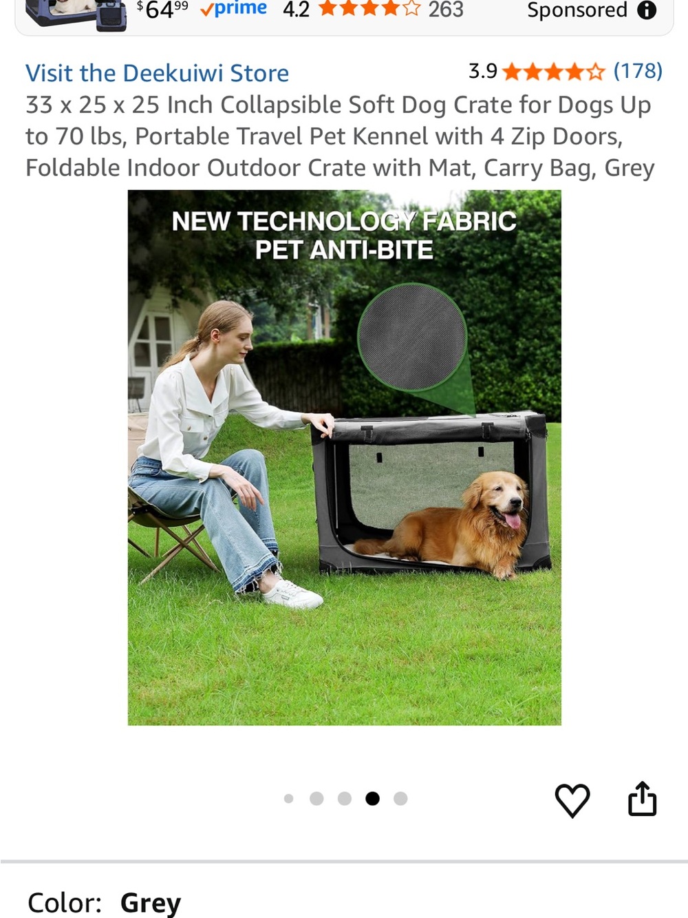33” Collapsible Soft Dog Crate - Grey Portable Pet Kennel XL - Picture 7 of 11